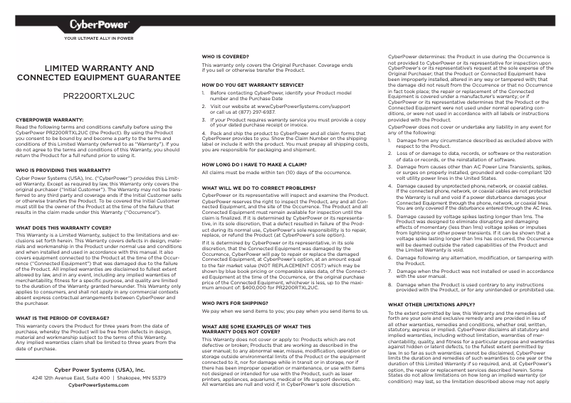 Page n°1 - Informations de garantie CyberPower PR2200RTXL2UC