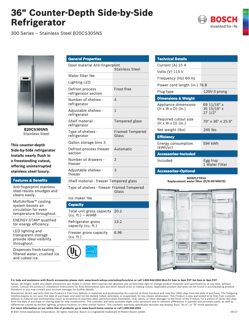 Page 1 de la notice Fiche technique Bosch B20CS30SNS