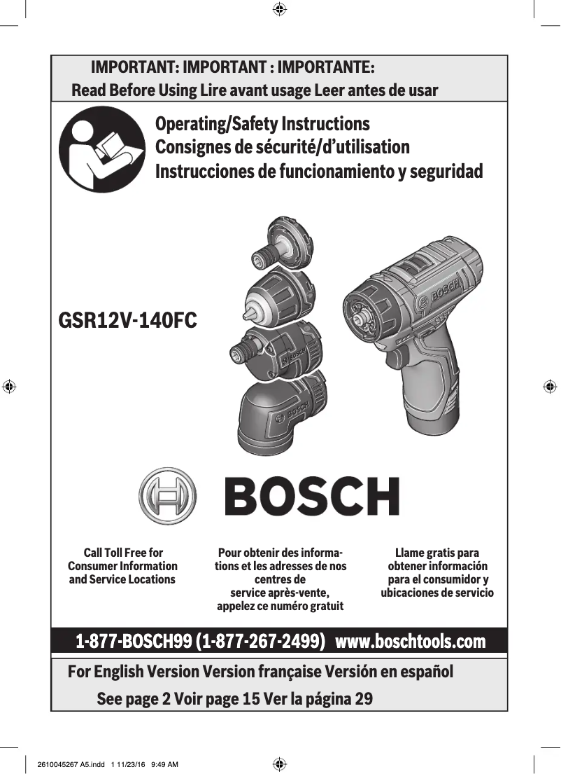 Page 1 de la notice Manuel utilisateur Bosch GSR12V-140FC