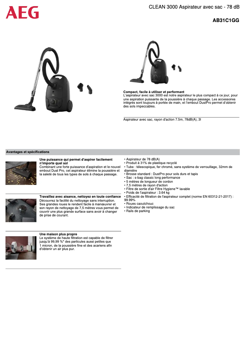 Page n°1 - Fiche technique AEG Clean 3000 AB31C1GG