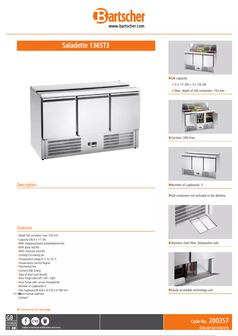 Page 1 de la notice Fiche technique Bartscher 1365T3