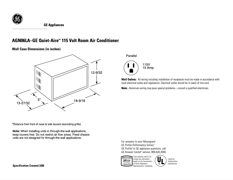 Page n°1 - Fiche technique GE Quiet-Aire AGN06LA