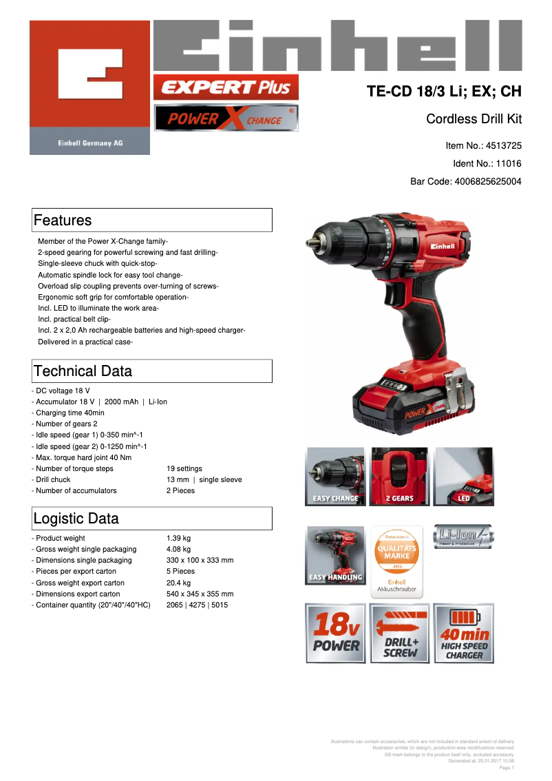 Page n°1 - Fiche technique Einhell TE-CD 18/3 Li