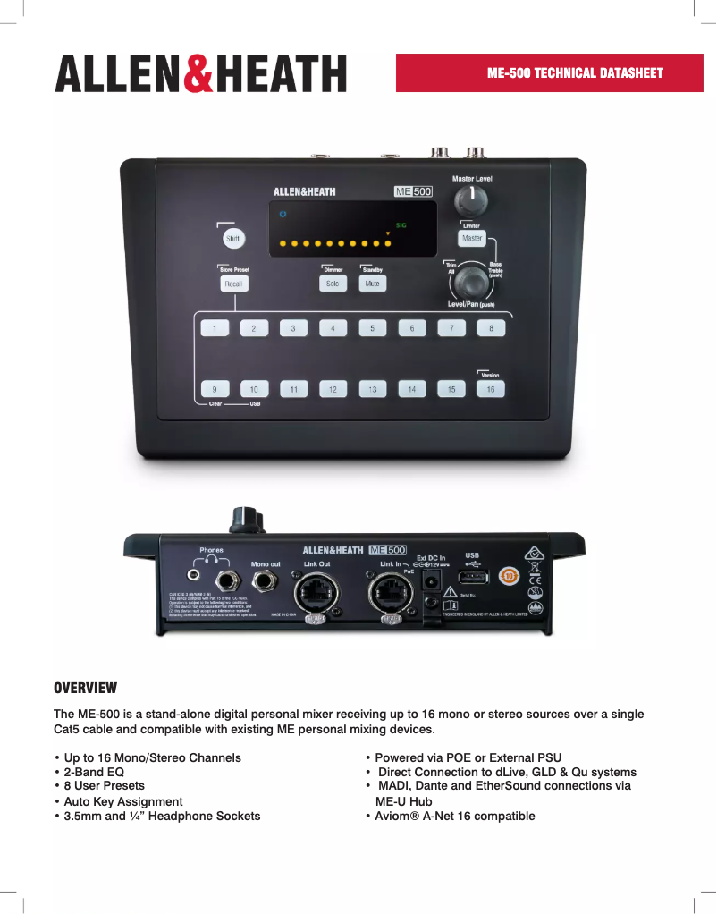 Page n°1 - Fiche technique Allen & Heath ME-500