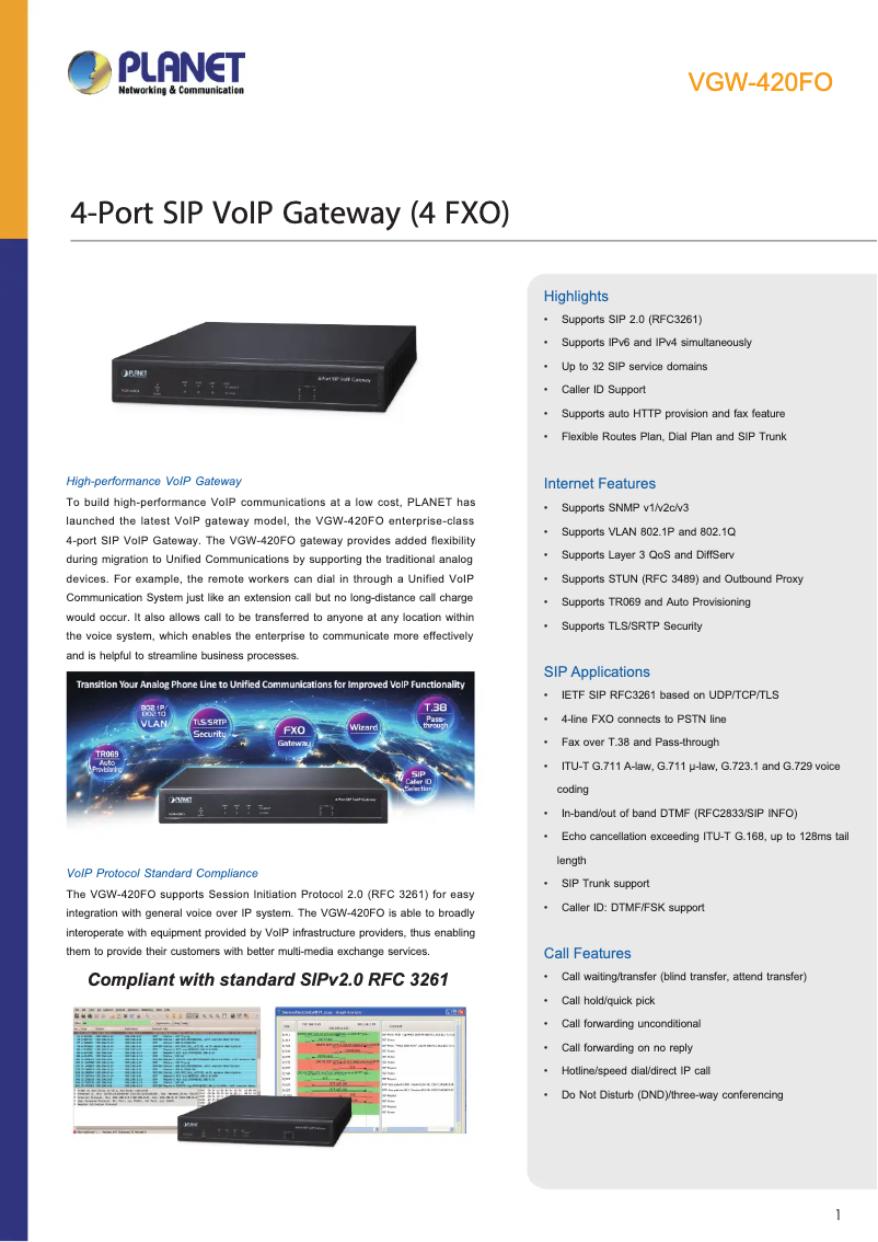 Page 1 de la notice Fiche technique Planet VGW-420FO