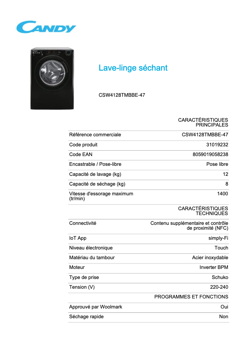 Page n°1 - Fiche technique Candy CSW4128TMBBE-47