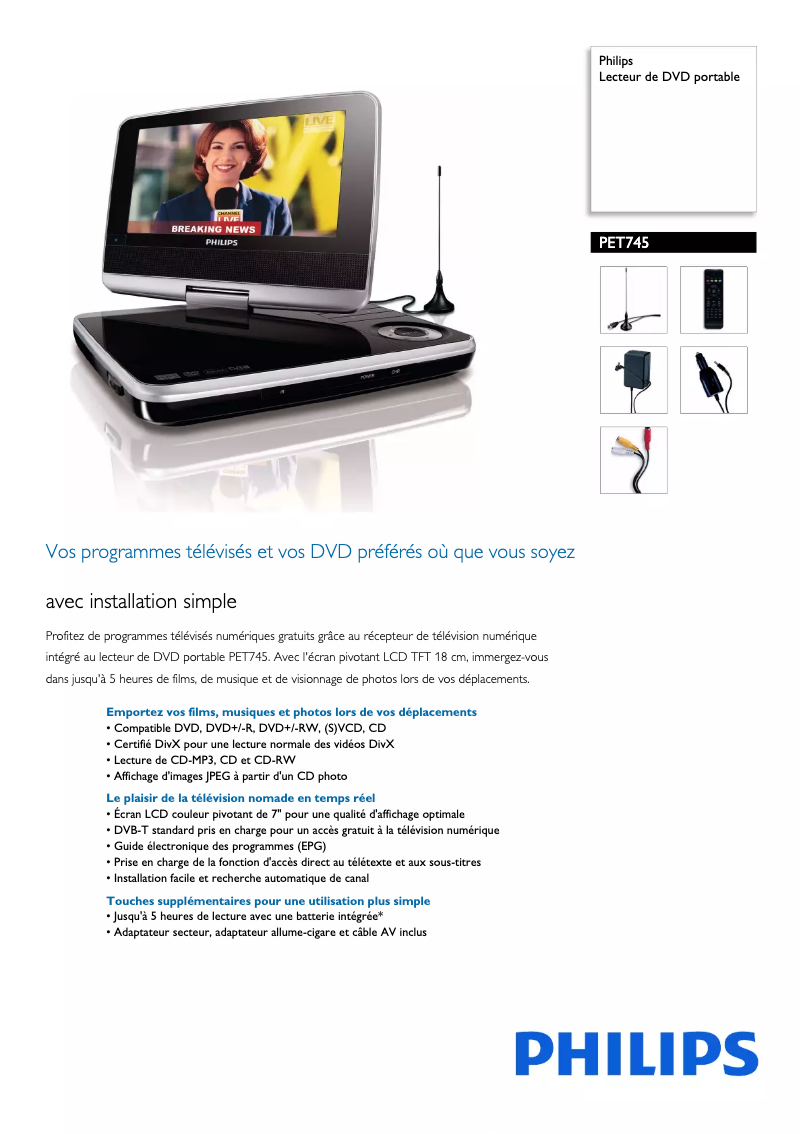 Page 1 de la notice Fiche technique Philips PET745