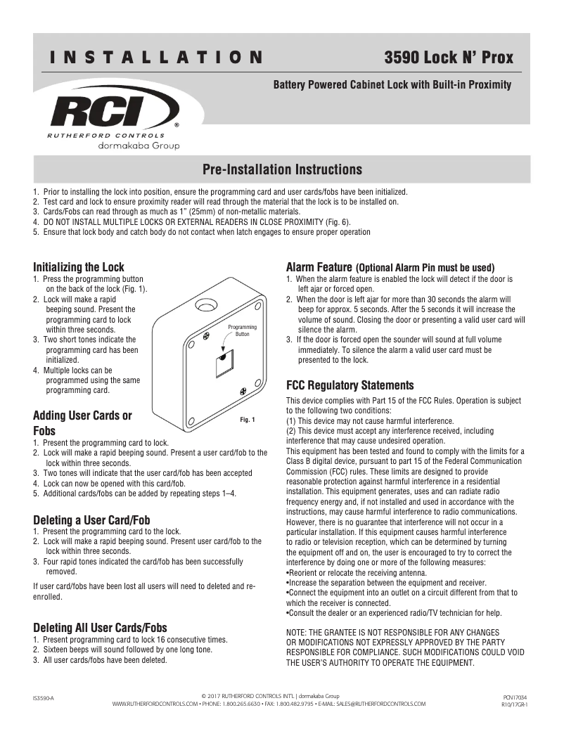 Page 1 de la notice Manuel utilisateur Dormakaba RCI 3590