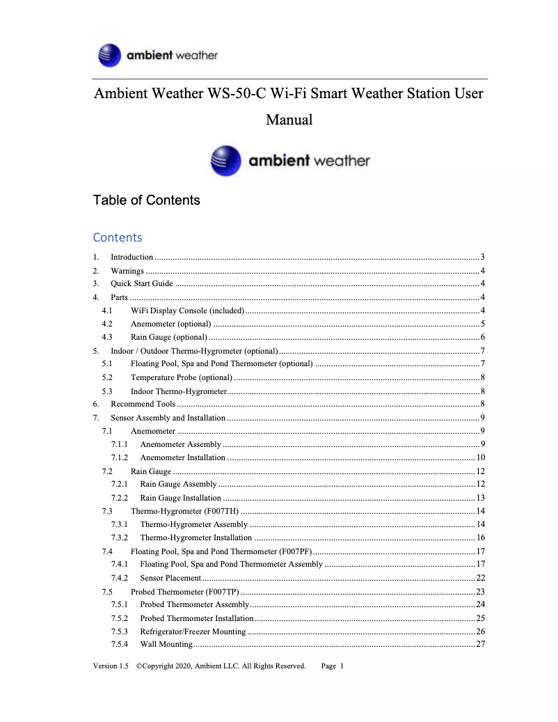 Page n°1 - Manuel utilisateur Ambient Weather WS-50