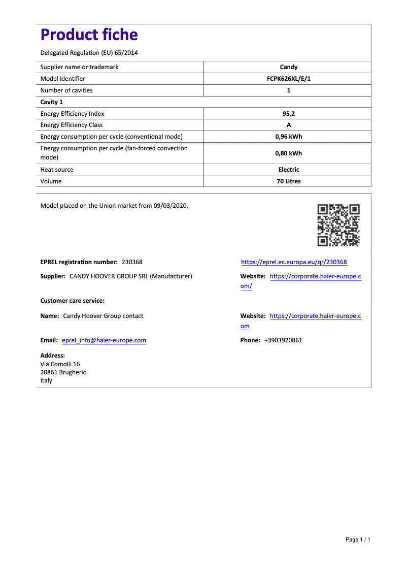 Page 1 de la notice Manuel utilisateur Candy FCPK626XL/E/1