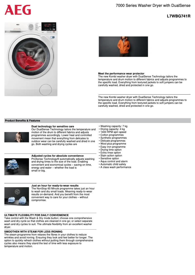 Page 1 de la notice Fiche technique AEG L7WBG741R