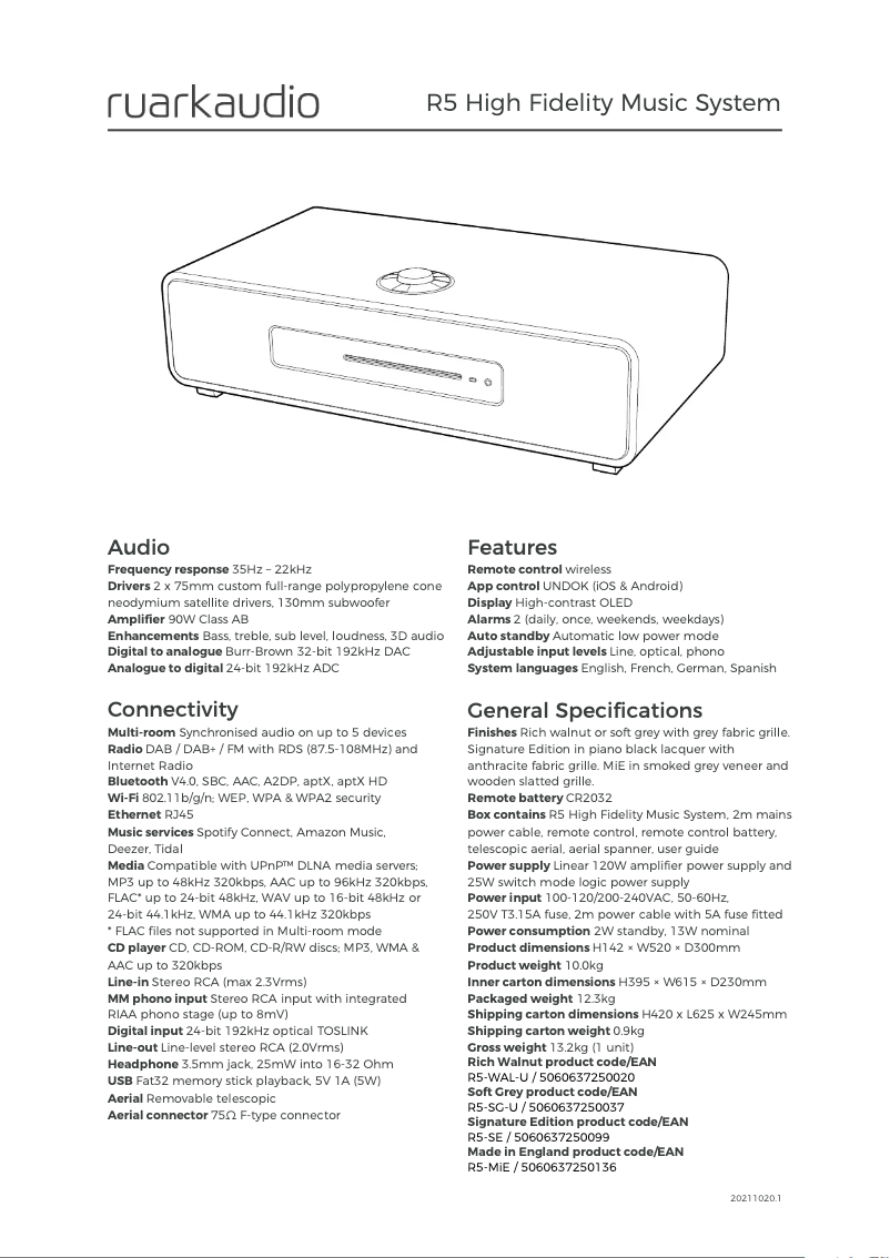Página 1 del manual Ficha técnica Ruark Audio R5 Mk1