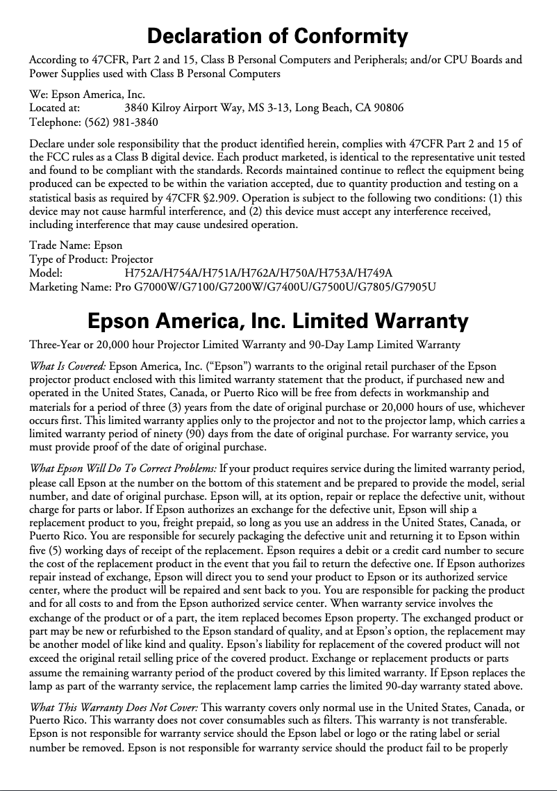 Page n°1 - Informations de garantie Epson PRO G7000W