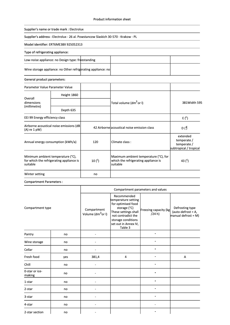 Page 1 de la notice Fiche technique Electrolux ERT6ME38X