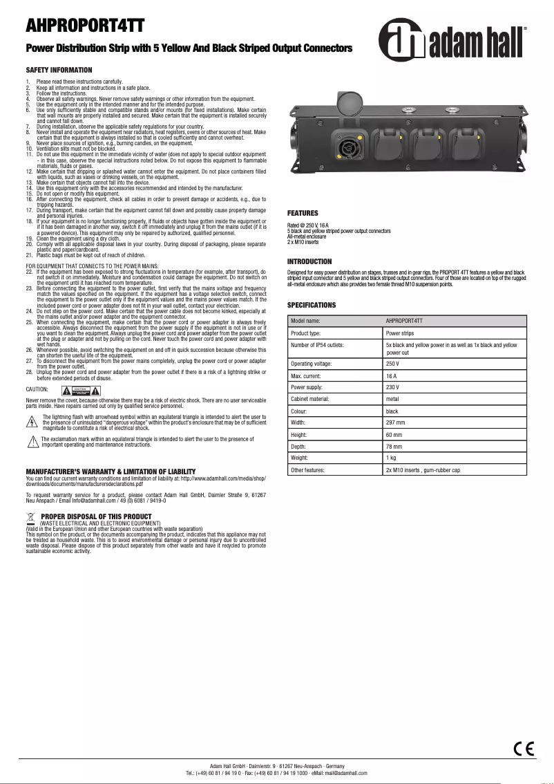 Page 1 de la notice Manuel utilisateur Adam Hall AHPROPORT4TT
