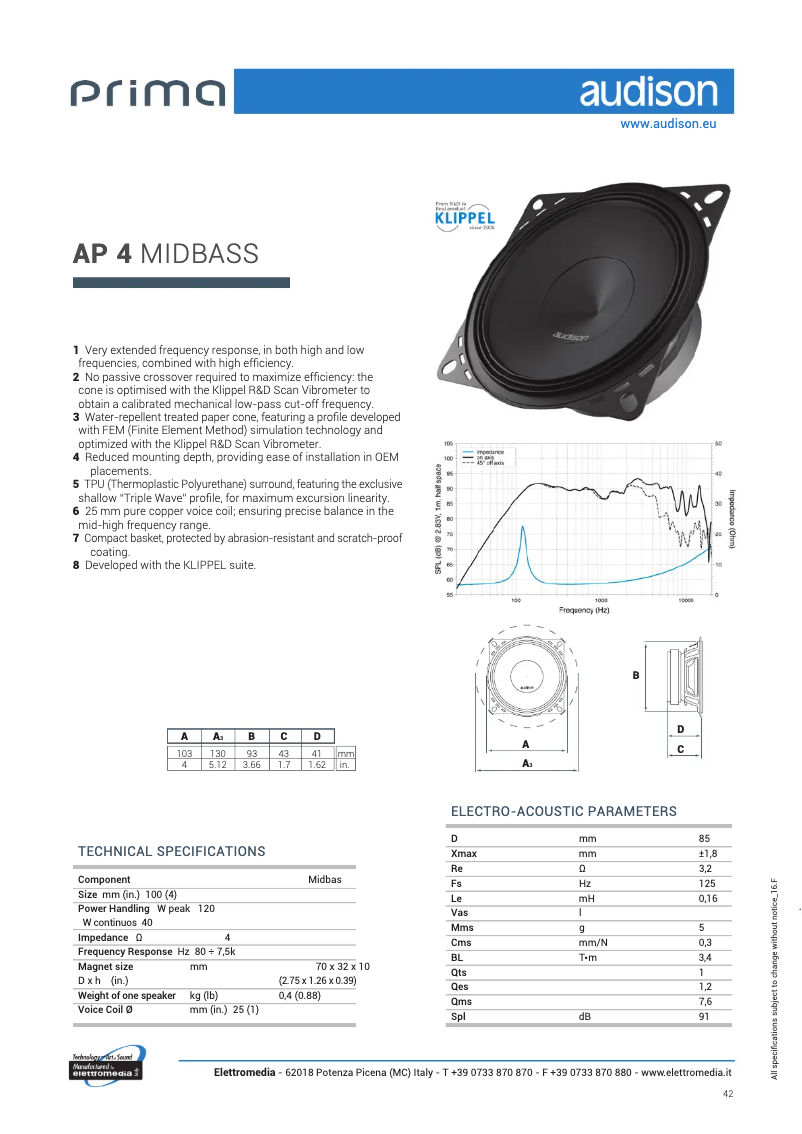 Page n°1 - Fiche technique Audison Prima AP 4