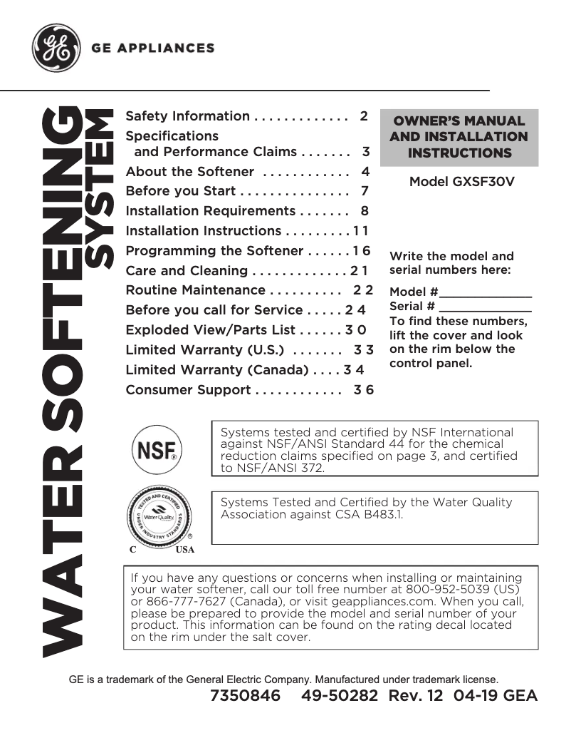 Page n°1 - Manuel d'utilisation et d'entretien GE GXSF30V