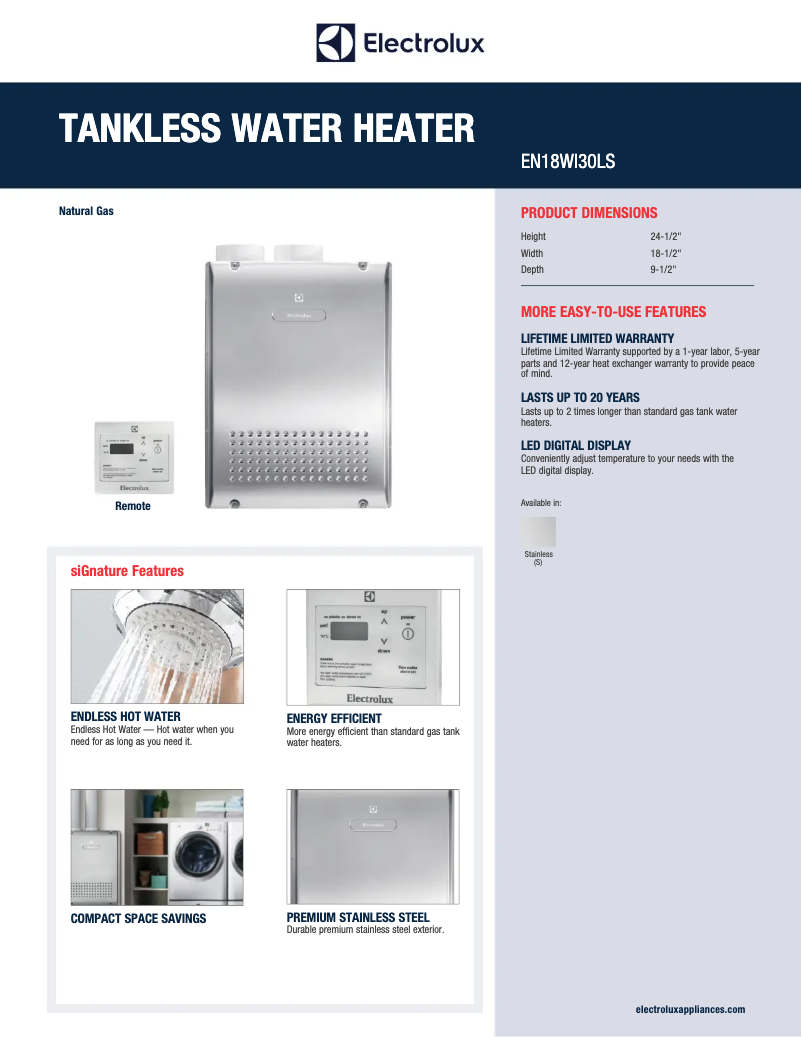 Page 1 de la notice Fiche technique Electrolux EN18WI30LS