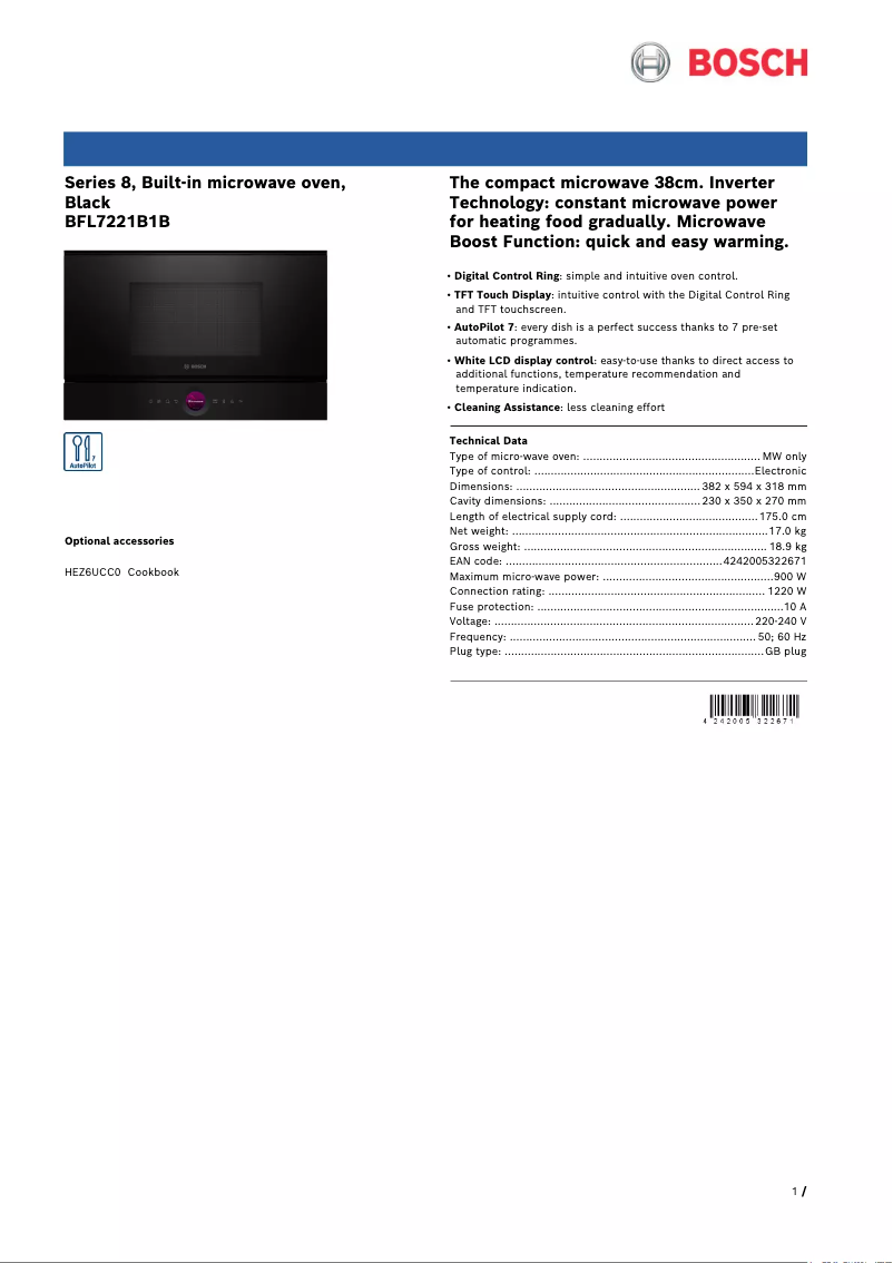 Page 1 de la notice Fiche technique Bosch BFL7221B1B