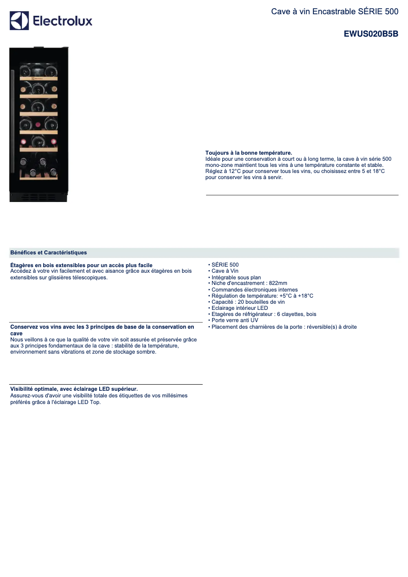 Page 1 de la notice Fiche technique Electrolux EWUS020B5B