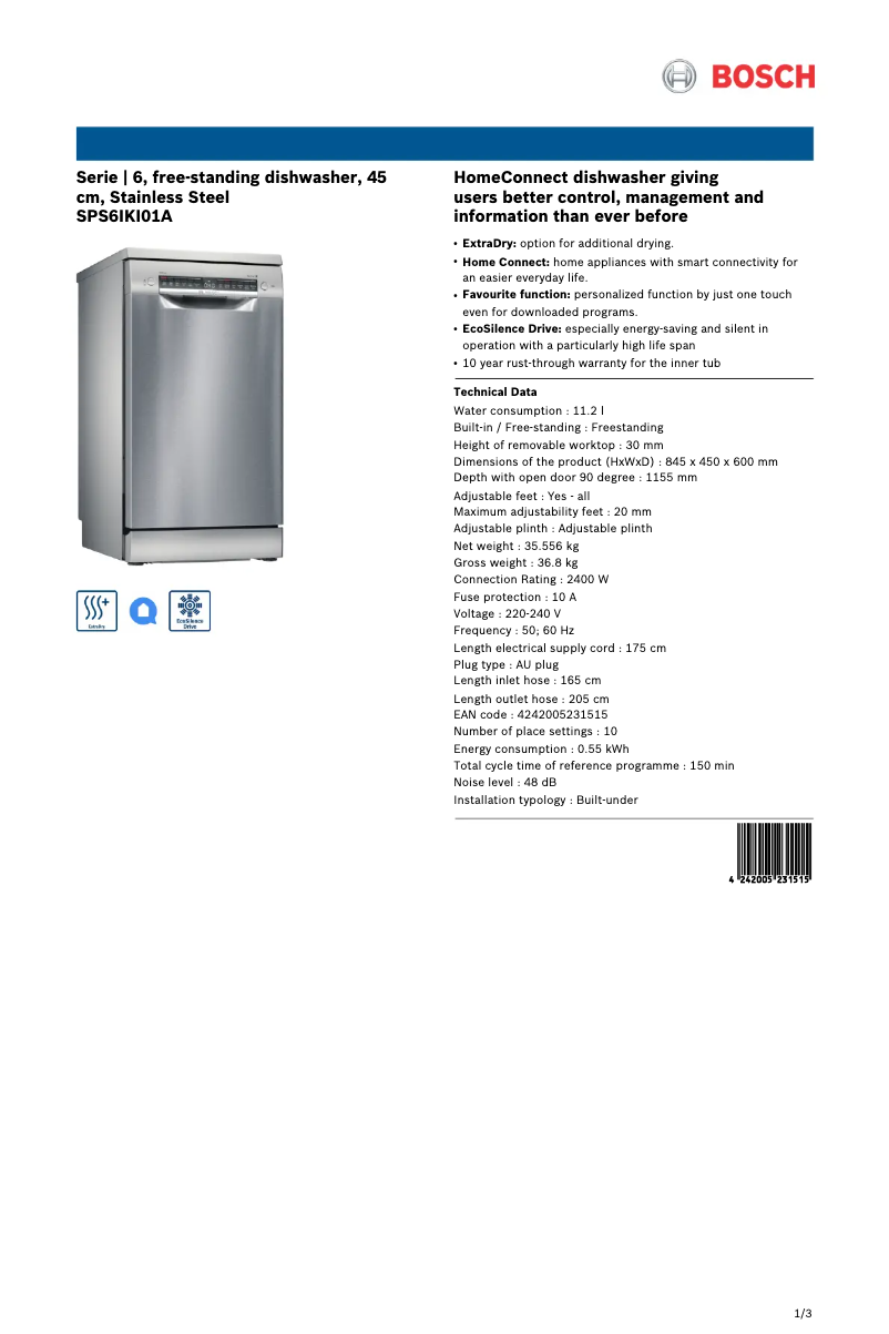Page 1 de la notice Fiche technique Bosch SPS6IKI01A