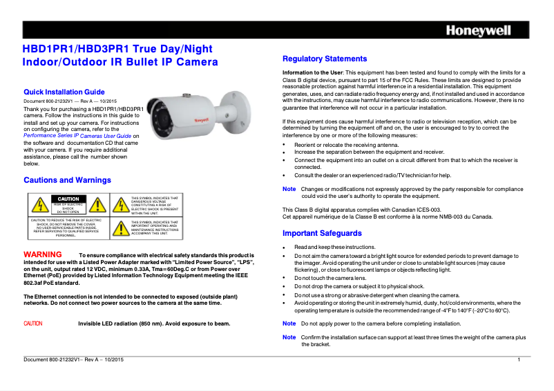 Page 1 de la notice Manuel utilisateur Honeywell HBD1PR1