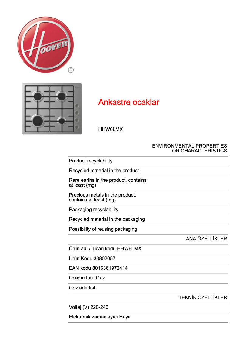 Page 1 de la notice Fiche technique Hoover HHW6LMX