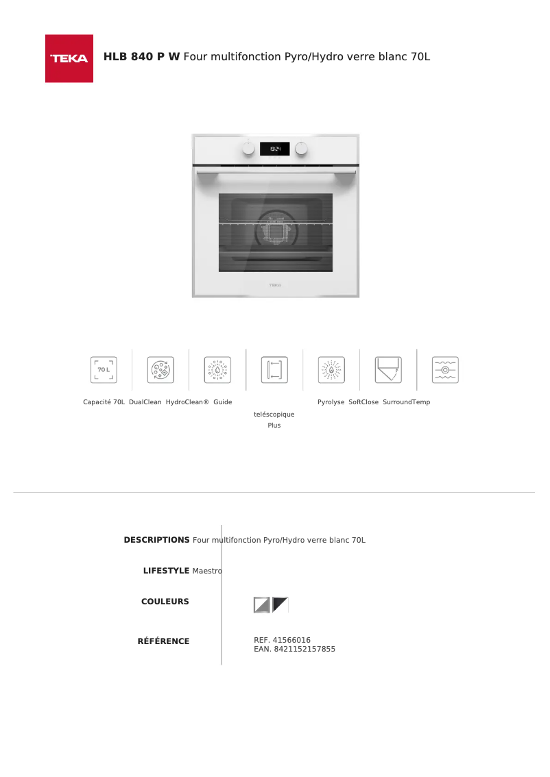 Page 1 de la notice Fiche technique Teka HLB 840 P W