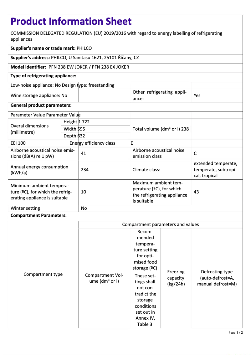 Page 1 de la notice Fiche technique Philco PFN 238 EW JOKER