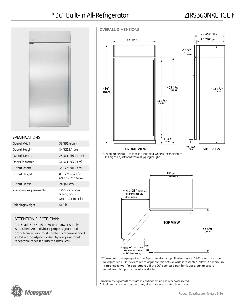 Page n°1 - Fiche technique GE ZIRS360NXLH