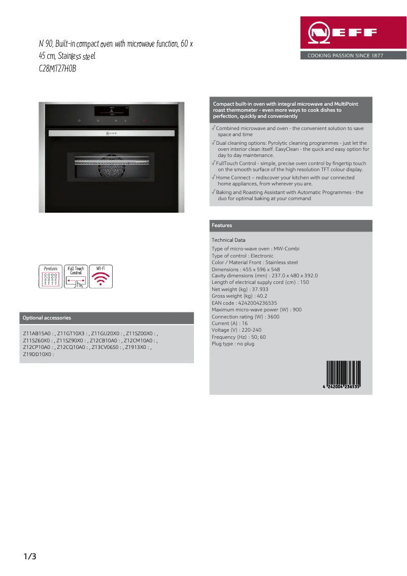 Page 1 de la notice Fiche technique Neff C28MT27H0B