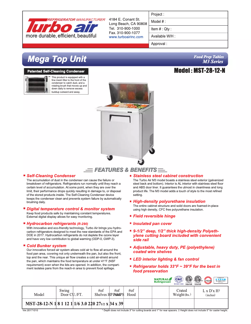 Page 1 de la notice Fiche technique Turbo air MST-28-12