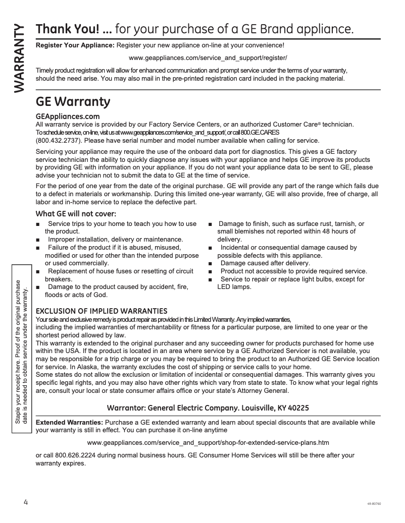 Page 1 de la notice Informations de garantie GE JVW5361SJSS