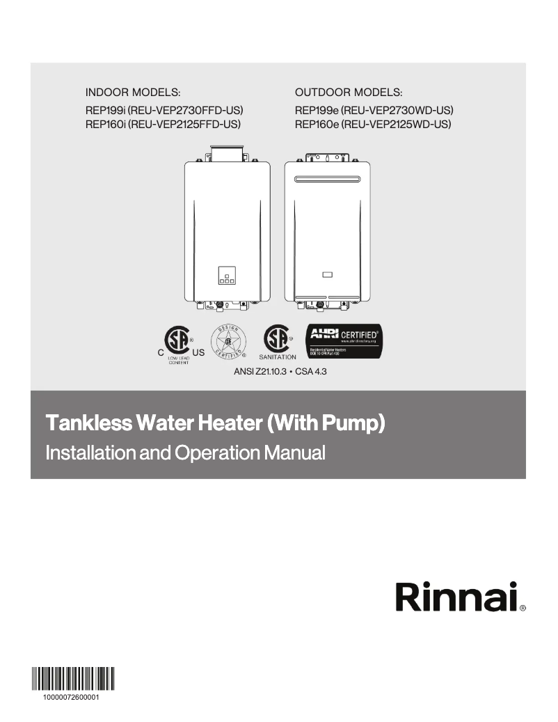 Page 1 de la notice Guide d'installation Rinnai REP199eP