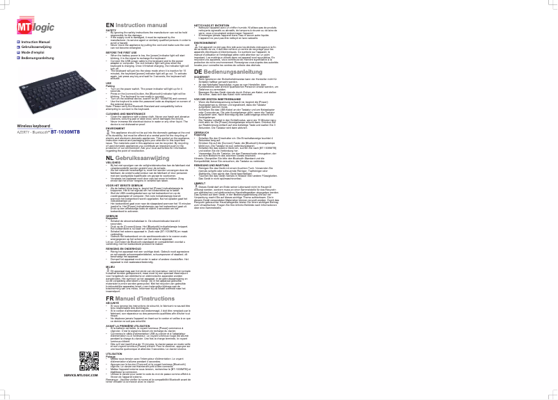 Page 1 de la notice Manuel utilisateur MT Logic BT-1030MTB