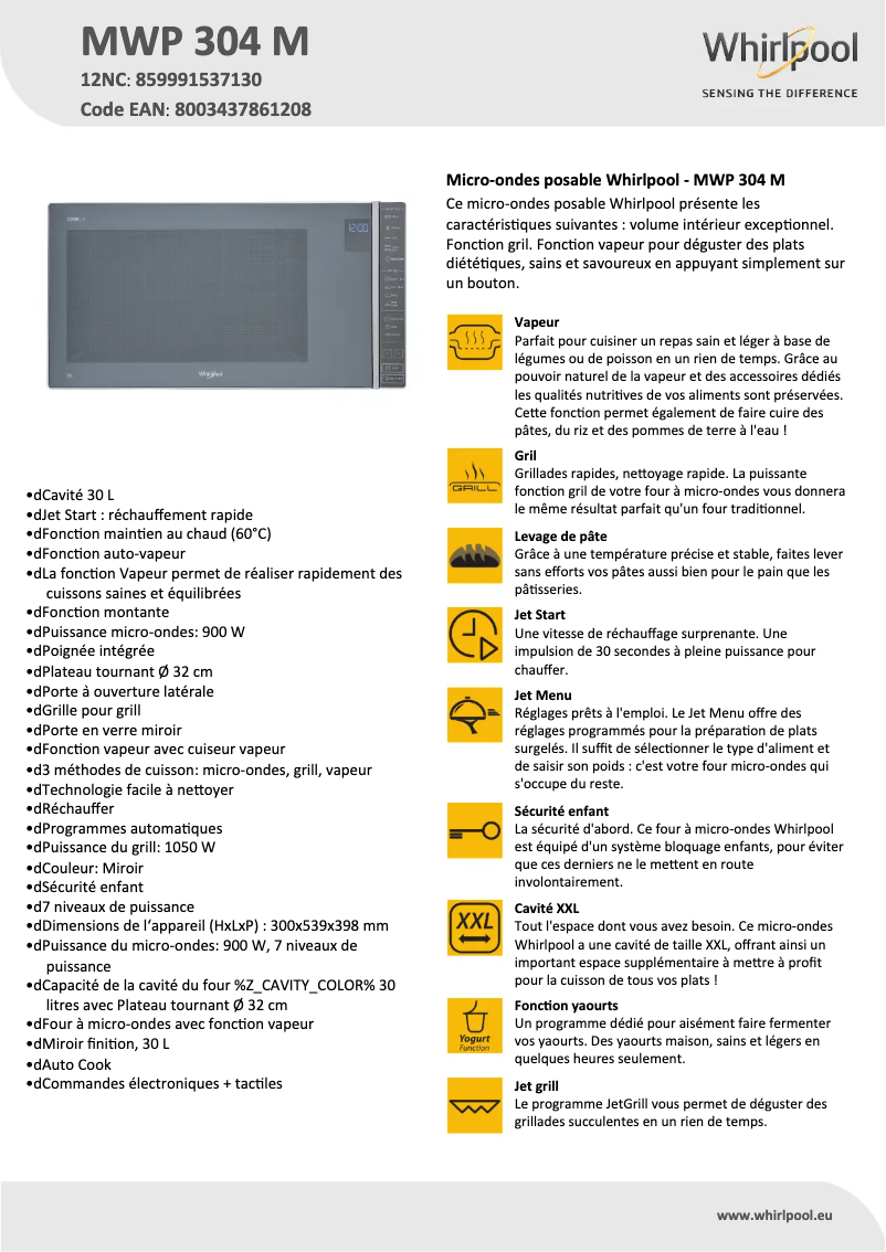 Page 1 de la notice Fiche technique Whirlpool MWP 304 M