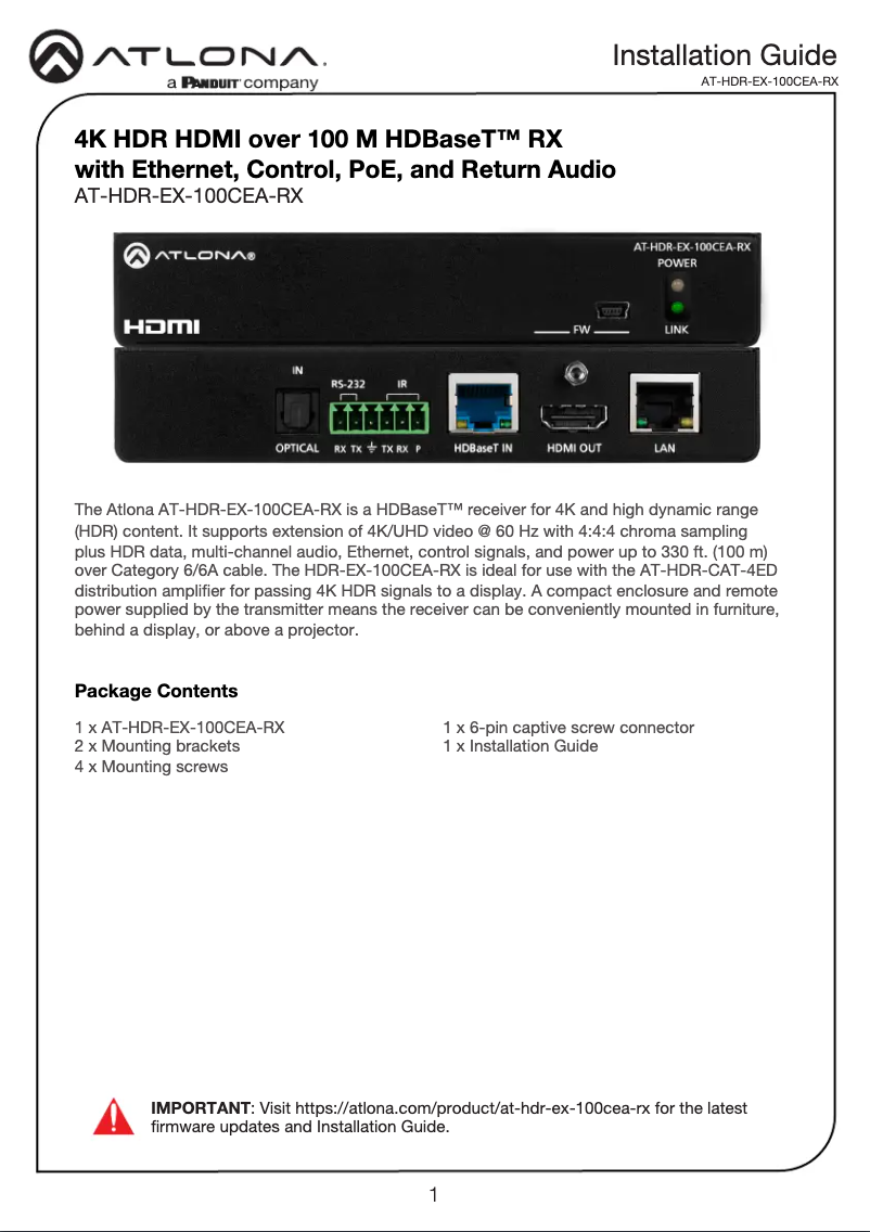 Page 1 de la notice Manuel utilisateur Atlona AT-HDR-EX-100CEA-RX