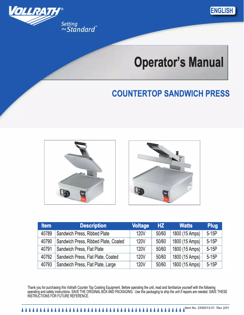 Page n°1 - Manuel utilisateur Vollrath 40792