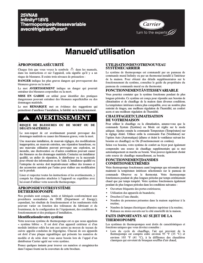 Page n°1 - Manuel utilisateur Carrier Infinity 25VNA8