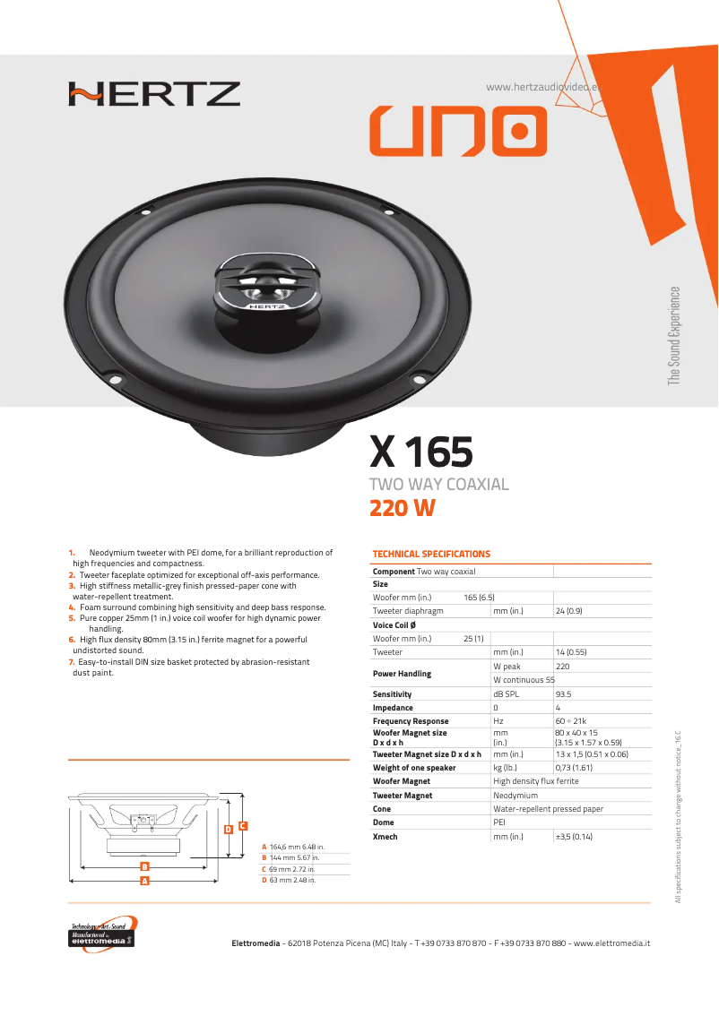 Page 1 de la notice Fiche technique Hertz Uno X 165
