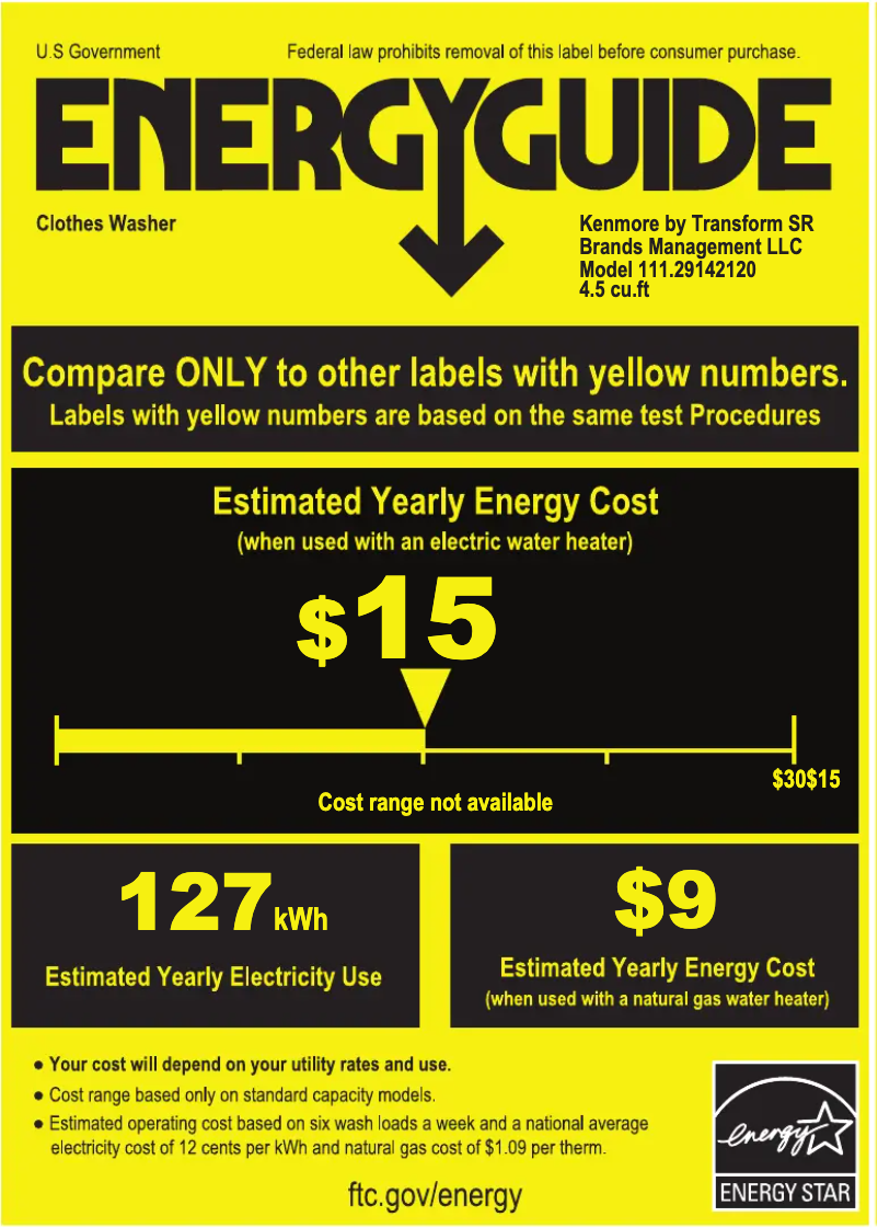 Page 1 de la notice Label énergétique Kenmore 29142