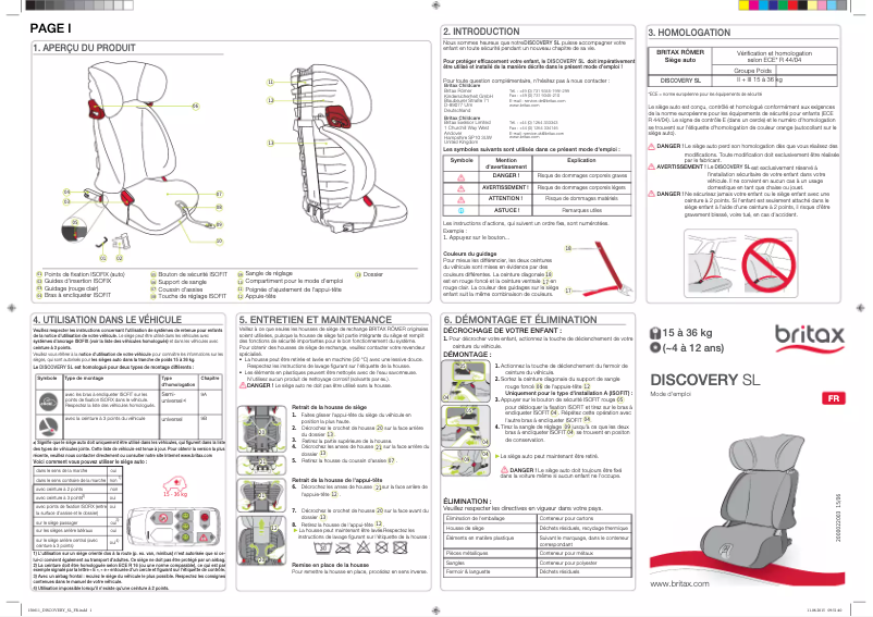Page 1 de la notice Manuel utilisateur Britax-Römer Discovery SL