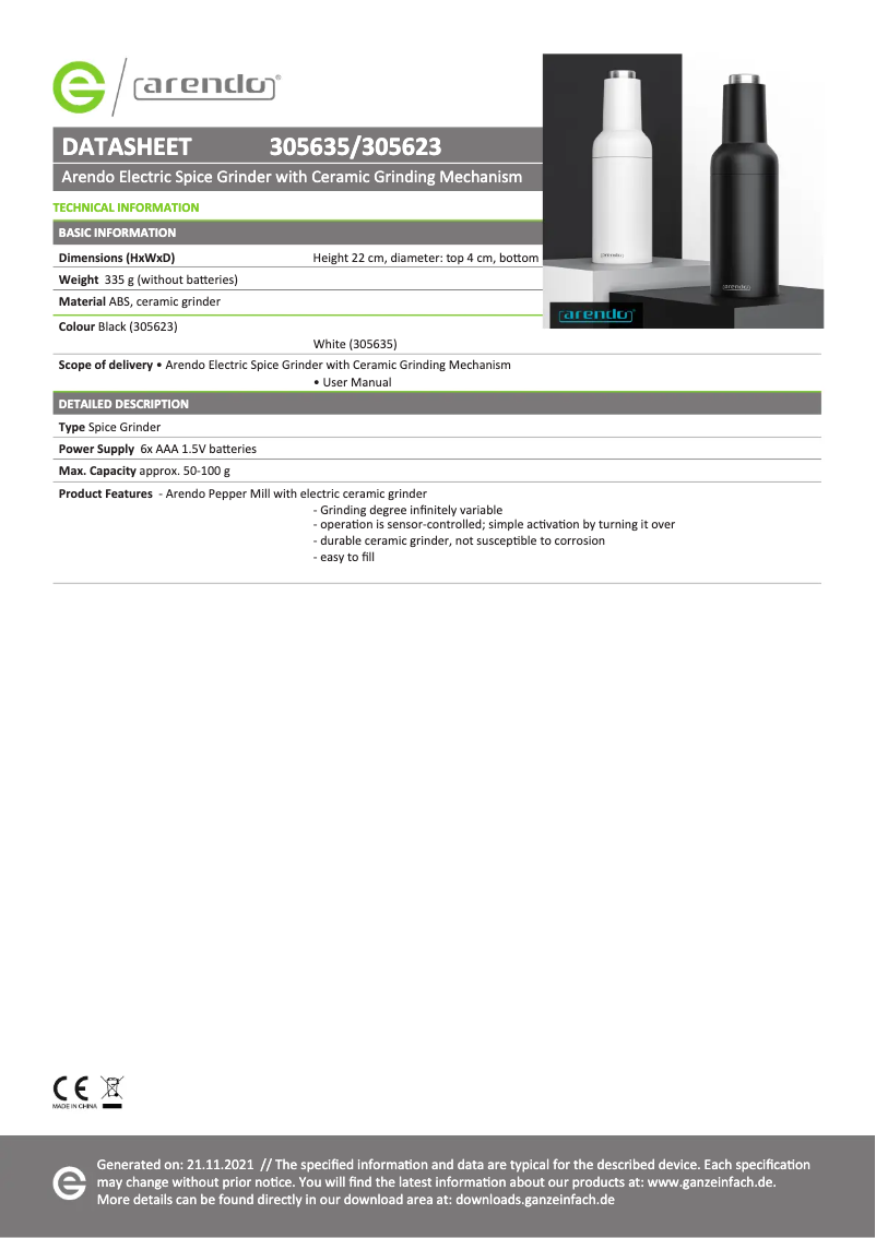 Page 1 de la notice Fiche technique Arendo 306647