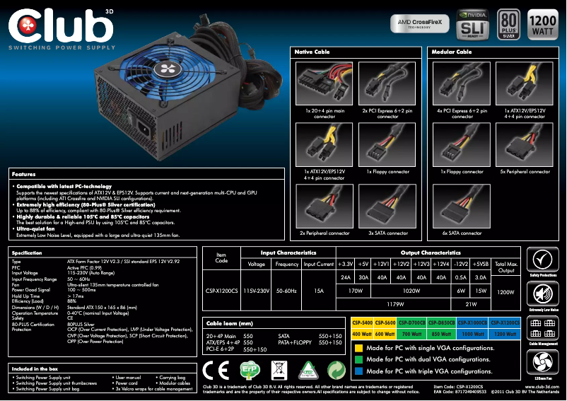 Page 1 de la notice Manuel utilisateur CLUB3D CSP-X1200CS 80 PLUS