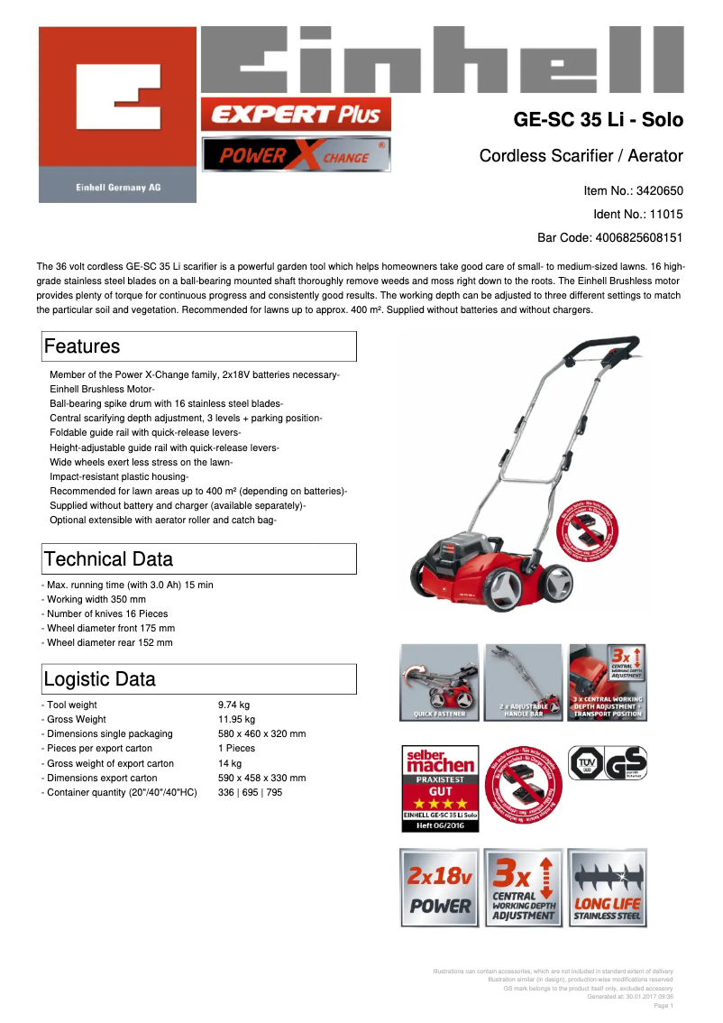 Page 1 de la notice Fiche technique Einhell GE-SC 35 Li-Solo