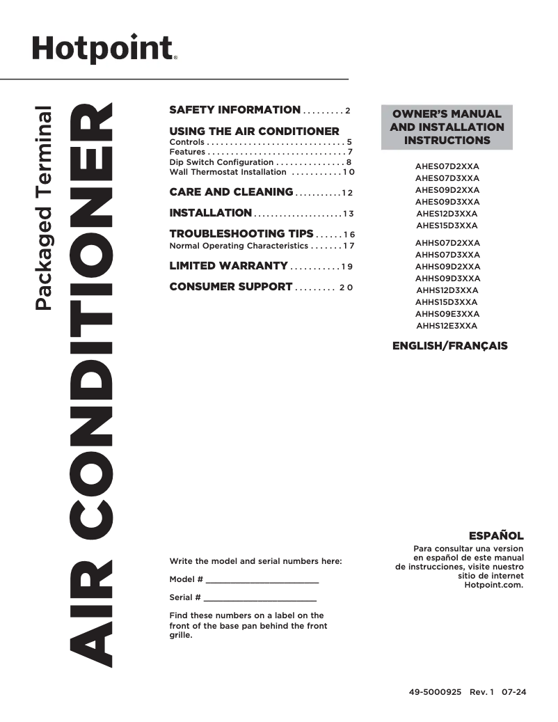 Page 1 de la notice Guide d'installation Hotpoint AHES07D2XXA