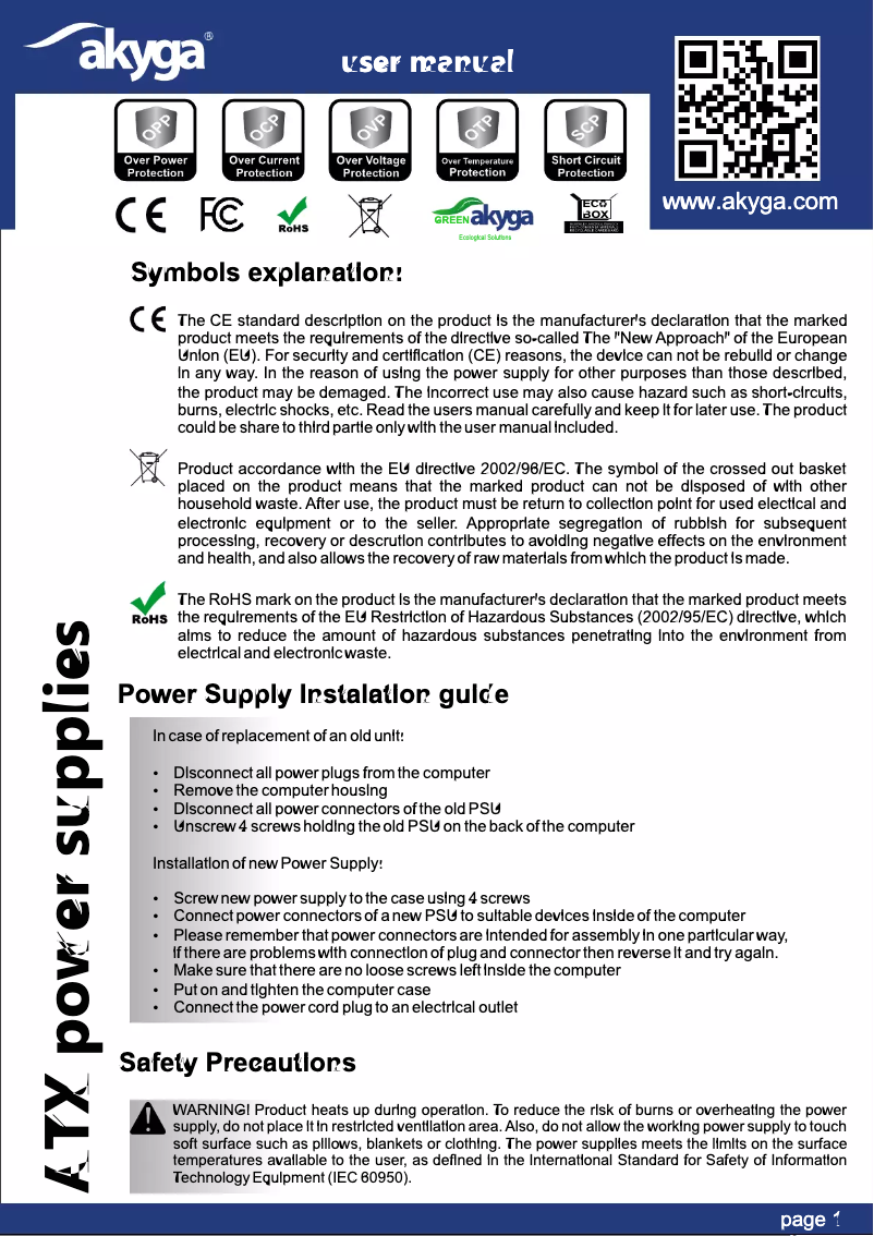 Page n°1 - Manuel utilisateur Akyga AK-I1-200