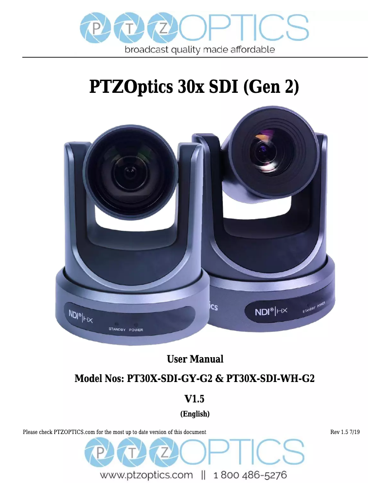 Page 1 de la notice Manuel utilisateur PTZ Optics PT30X-SDI