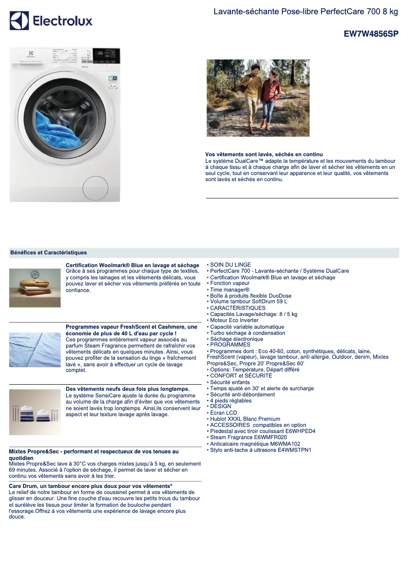 Page 1 de la notice Fiche technique Electrolux EW7W4856SP