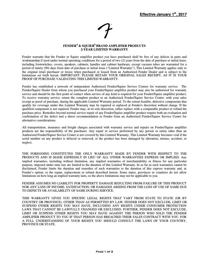 Page n°1 - Informations de garantie Fender ’68 Custom Deluxe Reverb